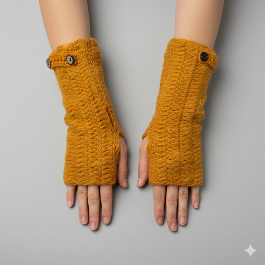 100% Wool Hand Knit Fingerless Gloves | Winter Hand warmers Fleece Lined One Size LIGHT ORANGE
