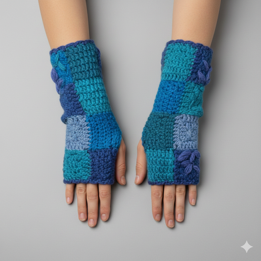Handmade Crochet Stitch Handwarmers 100% Wool | Fleece Lined Fingerless Gloves One Size P17