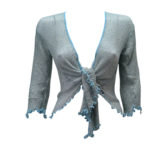Women's Boho Lurex Knit Shrug Chic Crochet style Cardigan onesize Up To 20 ICE BLUE & GOLD