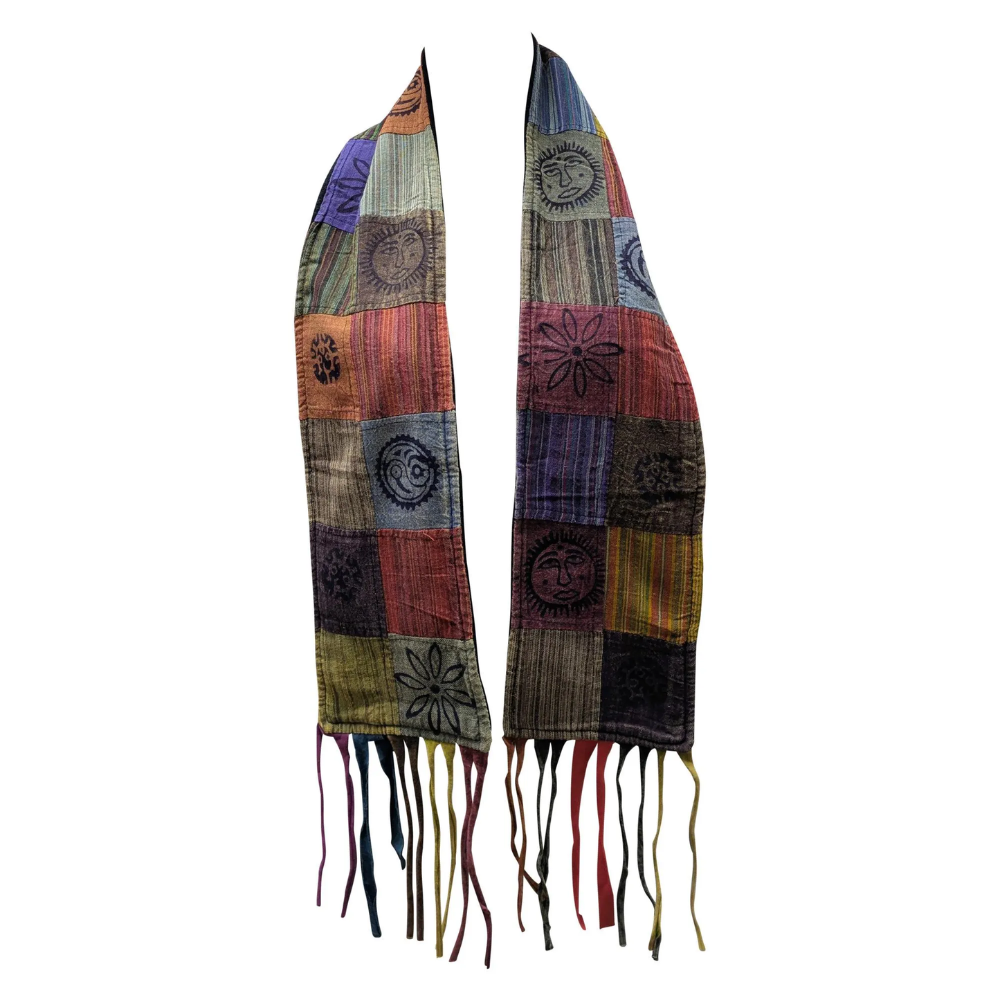 Recycled Patchwork Bohemian Tassel Fleece Lined Block Print Winter Scarf P15