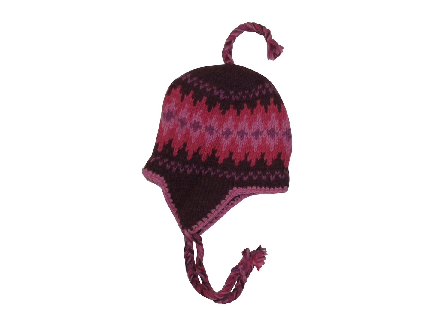 Hand Knit Wool Winter Hat: Fleece Lined, Boho Tassel - BLACK/PINK