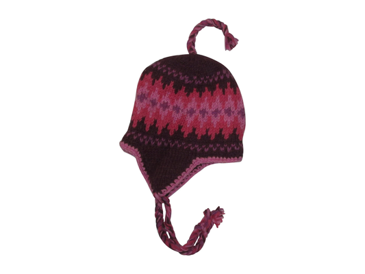 Hand Knit Wool Winter Hat: Fleece Lined, Boho Tassel - BLACK/PINK