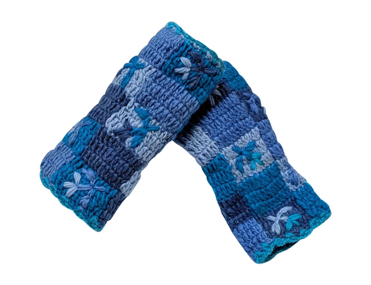 Handmade Crochet Patchwork Embroidery Handwarmers 100% Wool | Fleece Lined Fingerless Gloves One Size P2