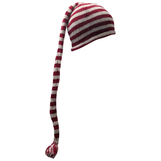 Handmade Wool Knit Beanie: Striped Boho Tassel Winter Cap P14