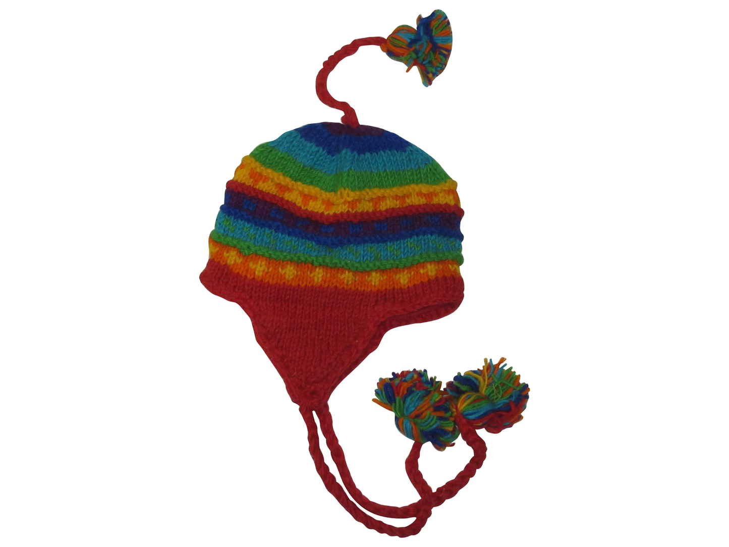 Hand Knit Wool Winter Hat: Fleece Lined, Boho Tassel - RAINBOW