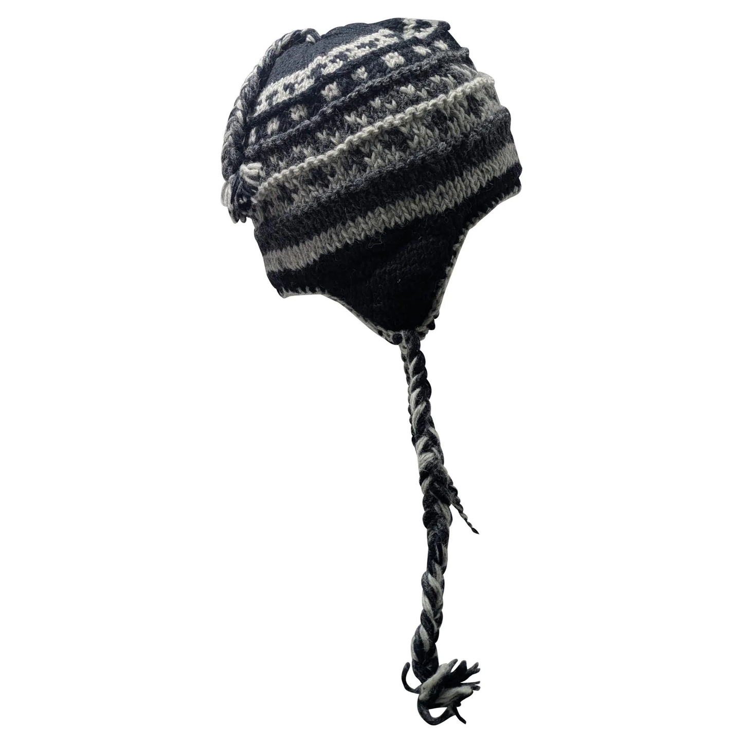 Hand Knit Wool Winter Hat: Fleece Lined, Boho Tassel - P145