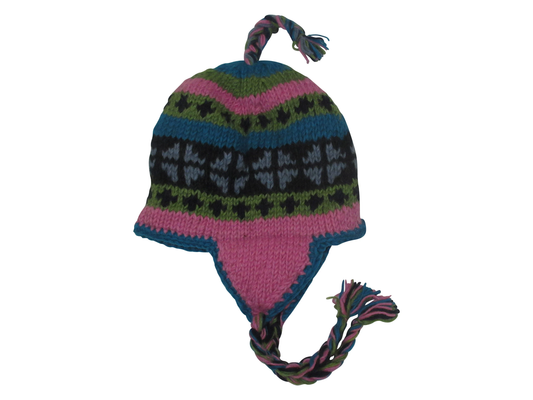 Hand Knit Wool Winter Hat: Fleece Lined, Boho Tassel - P224