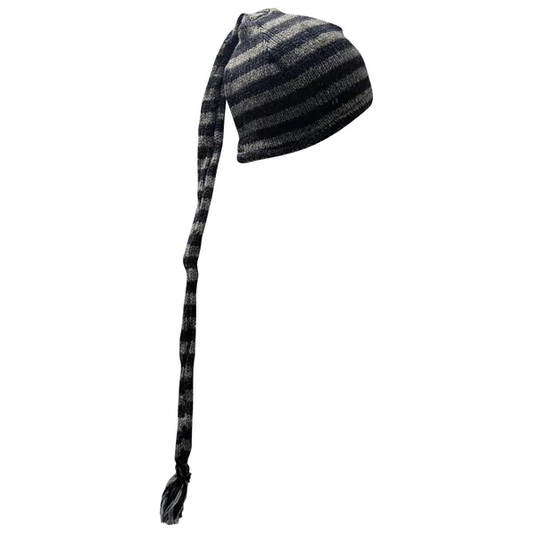Handmade Wool Knit Beanie: Striped Boho Tassel Winter Cap P10
