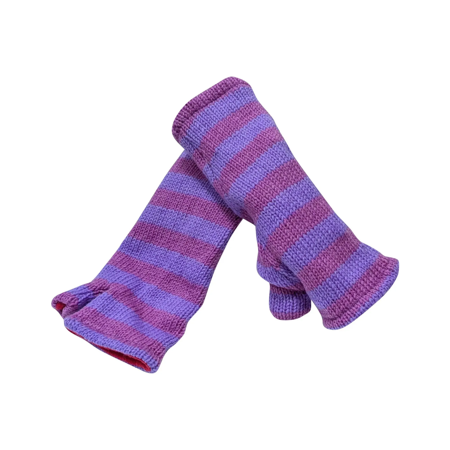 Handmade Knit Handwarmers 100% Wool Winter Striped Fingerless Fleece Lined Gloves One Size P14