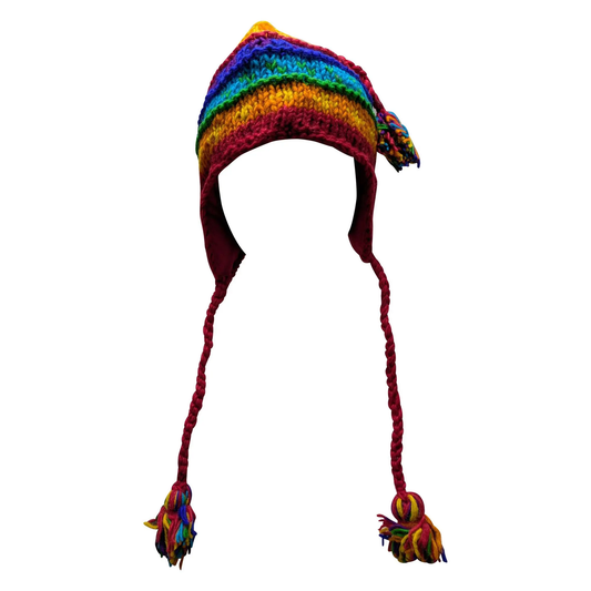 Hand Knit Wool Winter Hat: Fleece Lined, Boho Tassel - P108