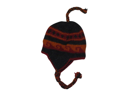 Hand Knit Wool Winter Hat: Fleece Lined, Boho Tassel - BLACK/RED