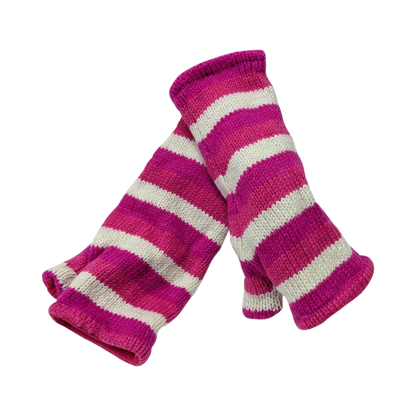 Handmade Knit Handwarmers 100% Wool Winter Striped Fingerless Fleece Lined Gloves One Size P38