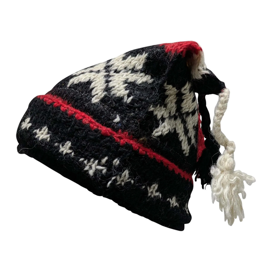 Hand Knit Wool Beanie: Recycled Jester Hat with Tassels P375