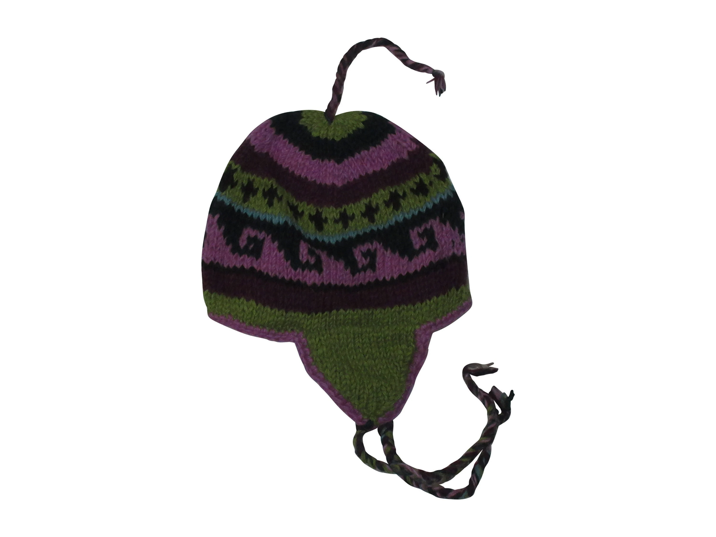 Hand Knit Wool Winter Hat: Fleece Lined, Boho Tassel - GREEN/PINK