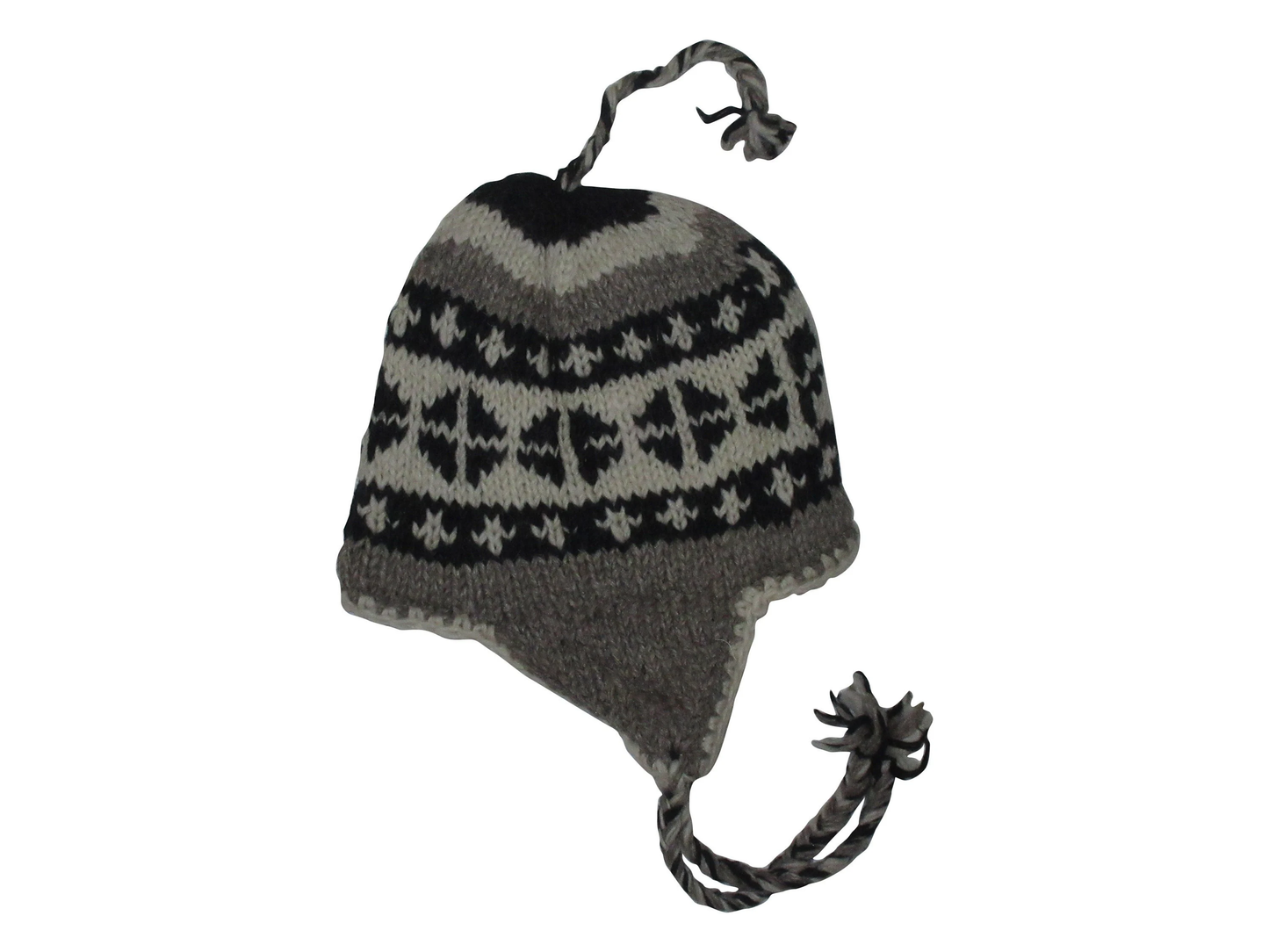 Hand Knit Wool Winter Hat: Fleece Lined, Boho Tassel - GREY 2
