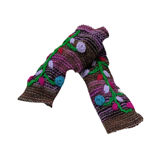 Winter Boho Wool Knit Gloves Embroidered Floral Chunky Warm Fleece Lining Hand Warmers P1
