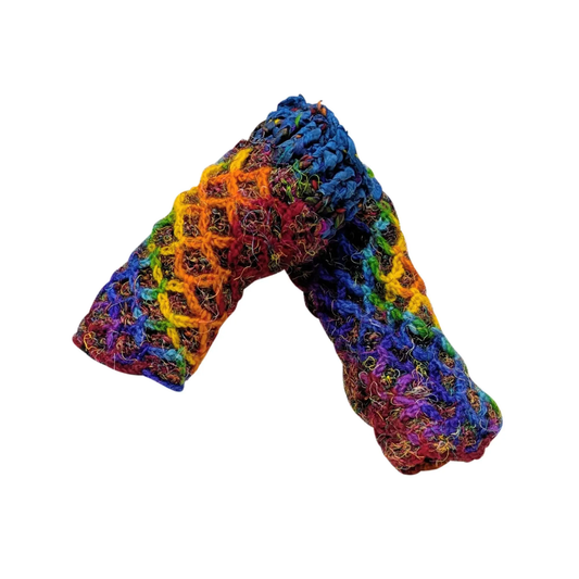 Handmade Wool Fingerless Gloves: Crochet Patchwork Fleece Lined Rainbow