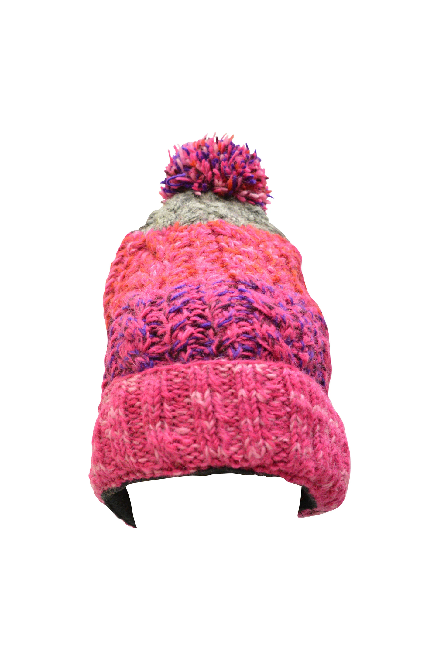 Handmade knit 100% Wool Beanie Pompom Hat Warm Winter Fleece lined Skull Cap - Pink