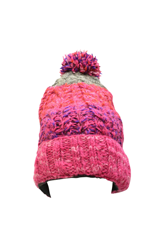 Handmade knit 100% Wool Beanie Pompom Hat Warm Winter Fleece lined Skull Cap - Pink