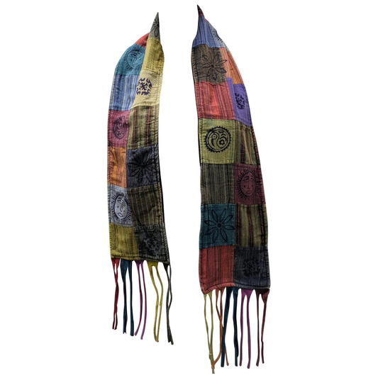 Recycled Patchwork Bohemian Tassel Fleece Lined Block Print Winter Scarf P1