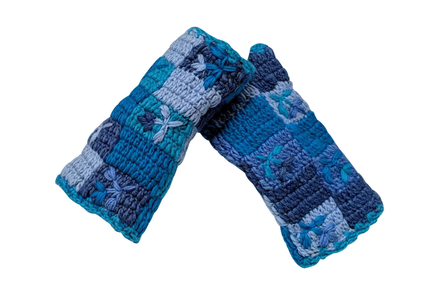 Handmade Crochet Patchwork Embroidery Handwarmers 100% Wool | Fleece Lined Fingerless Gloves One Size P4