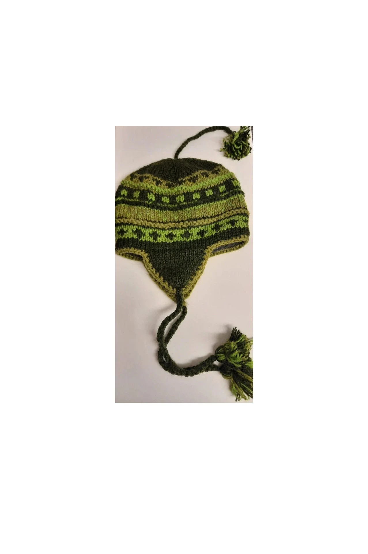 Hand Knit Wool Winter Hat: Fleece Lined, Boho Tassel - GREEN
