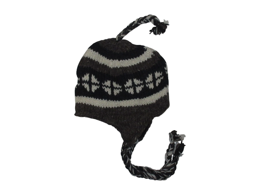 Hand Knit Wool Winter Hat: Fleece Lined, Boho Tassel - GREY 3