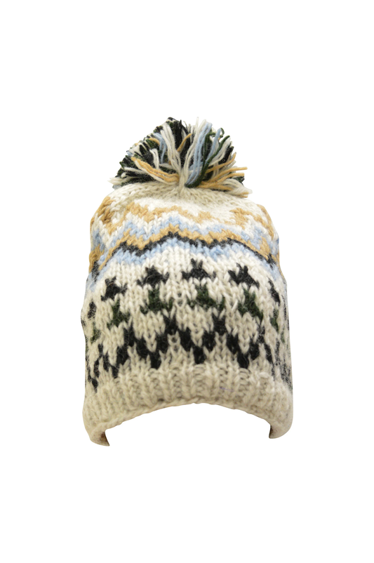 Handmade knit 100% Wool Beanie Pompom Hat Warm Winter Fleece lined Skull Cap - Ivory
