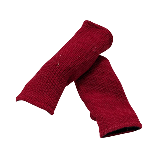 Handmade Knit Wool Fingerless Gloves: Red Fleece Lined Hand Warmers