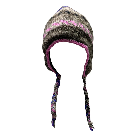 Hand Knit Wool Winter Hat: Fleece Lined, Boho Tassel - P42