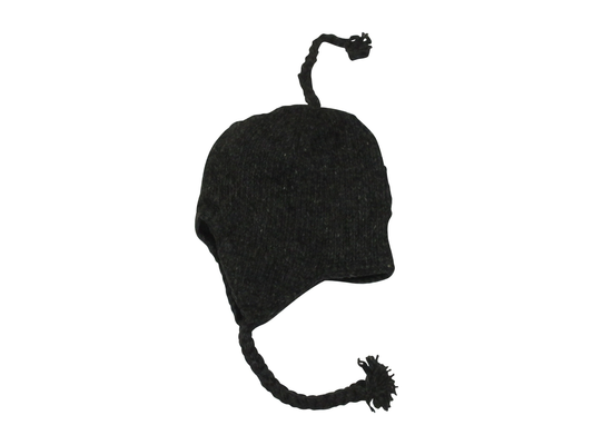 Hand Knit Wool Winter Hat: Fleece Lined, Boho Tassel - BLACK