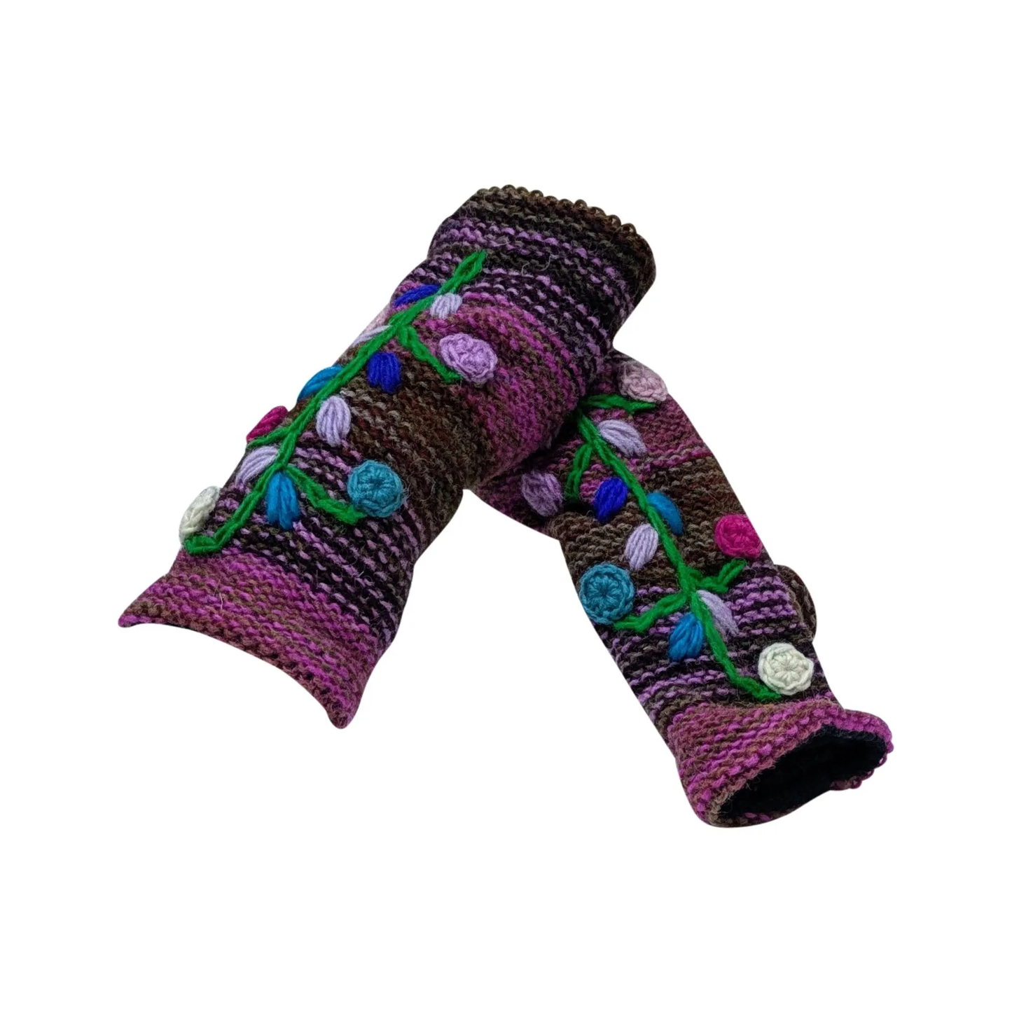 Winter Boho Wool Knit Gloves Embroidered Floral Chunky Warm Fleece Lining Hand Warmers P4