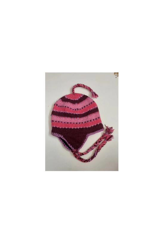 Hand Knit Wool Winter Hat: Fleece Lined, Boho Tassel - P26