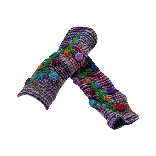 Winter Boho Wool Knit Gloves Embroidered Floral Chunky Warm Fleece Lining Hand Warmers P6