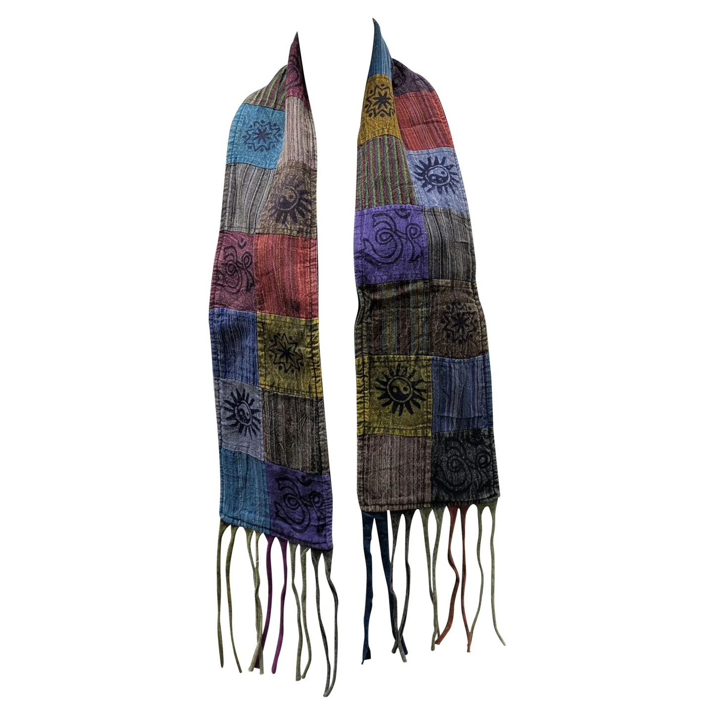 Recycled Patchwork Bohemian Tassel Fleece Lined Block Print Winter Scarf P21