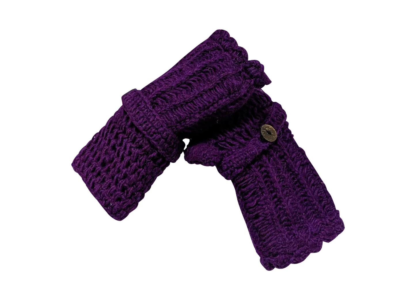 Handmade Crochet Fleece Lined Handwarmers 100% Wool | Winter Fingerless Gloves One Size - DARK PURPLE