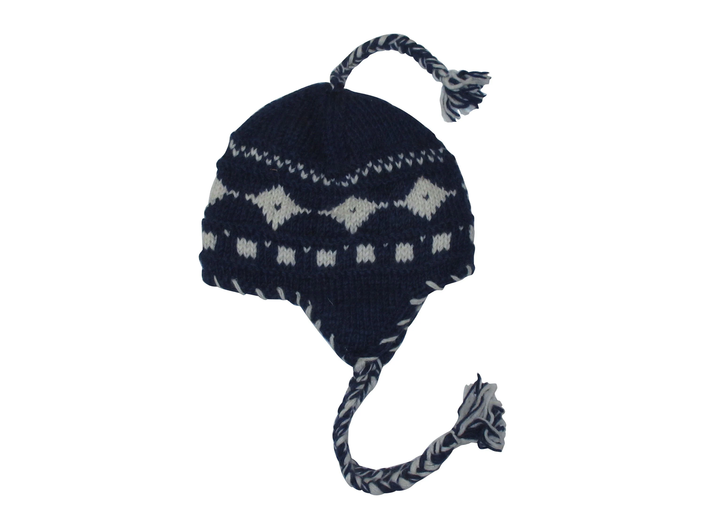 Hand Knit Wool Winter Hat: Fleece Lined, Boho Tassel - GREY/NAVY