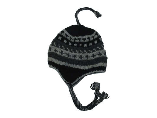Hand Knit Wool Winter Hat: Fleece Lined, Boho Tassel - GREY/BLACK