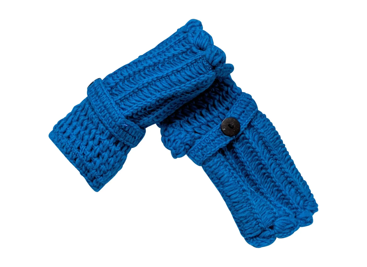 Handmade Crochet Fleece Lined Handwarmers 100% Wool | Winter Fingerless Gloves One Size - BLUE