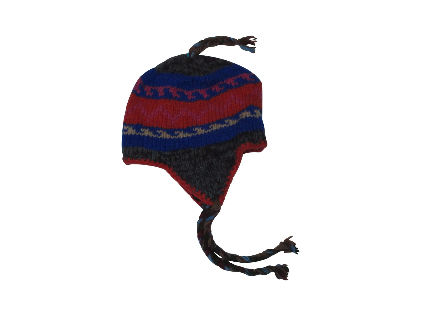Hand Knit Wool Winter Hat: Fleece Lined, Boho Tassel - BLUE/RED/BLACK
