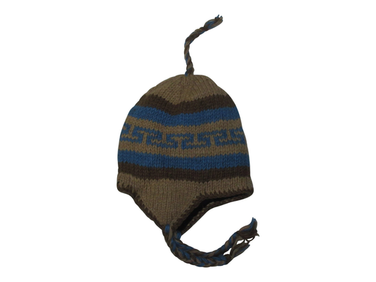 Hand Knit Wool Winter Hat: Fleece Lined, Boho Tassel - BLUE/BROWN
