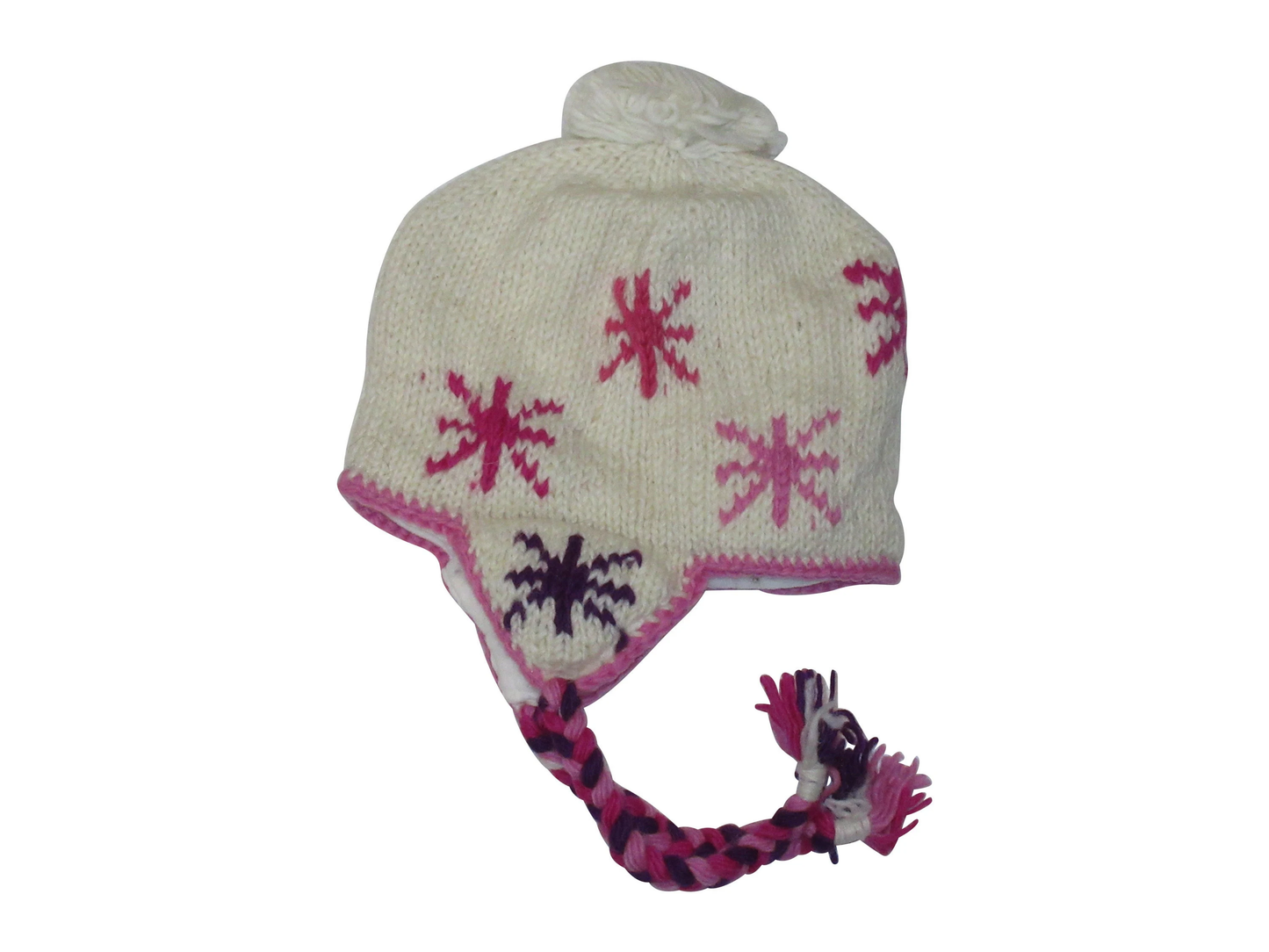 Hand Knit Wool Winter Hat: Fleece Lined, Boho Tassel - CREAM/PINK