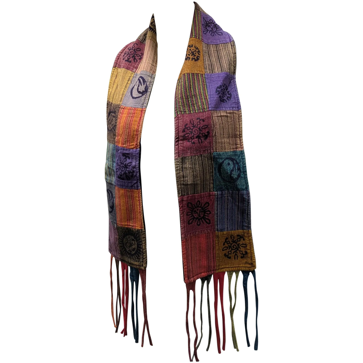 Recycled Patchwork Bohemian Tassel Fleece Lined Block Print Winter Scarf P3