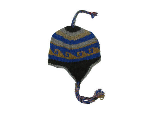 Hand Knit Wool Winter Hat: Fleece Lined, Boho Tassel - BLUE/GREY