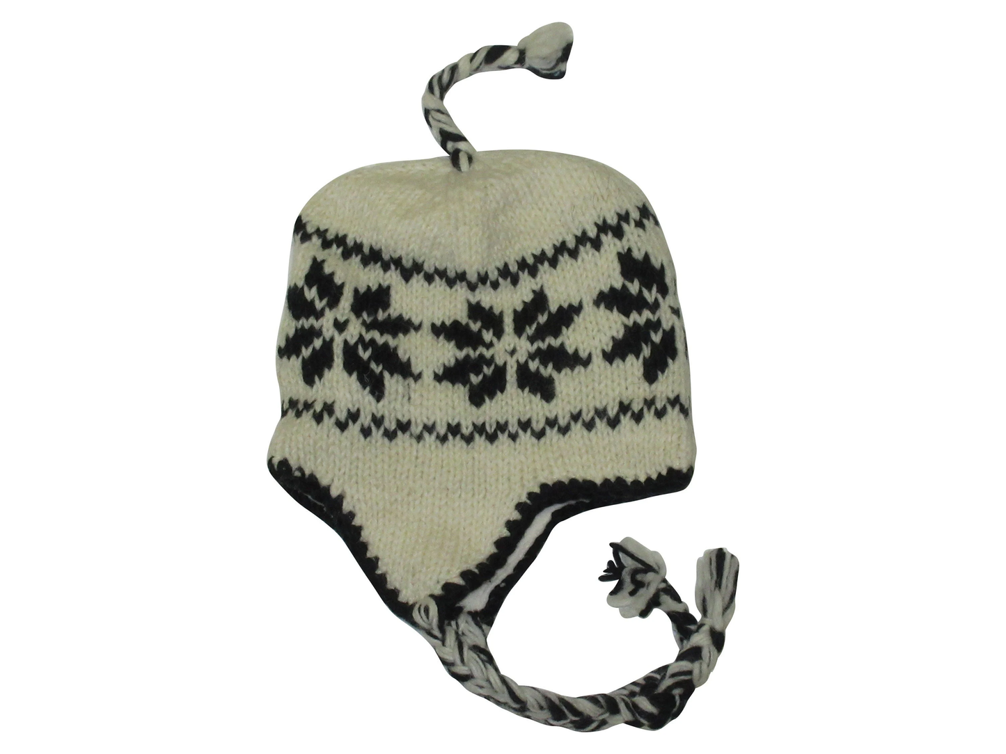 Hand Knit Wool Winter Hat: Fleece Lined, Boho Tassel - CREAM