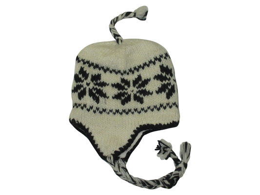 Hand Knit Wool Winter Hat: Fleece Lined, Boho Tassel - CREAM