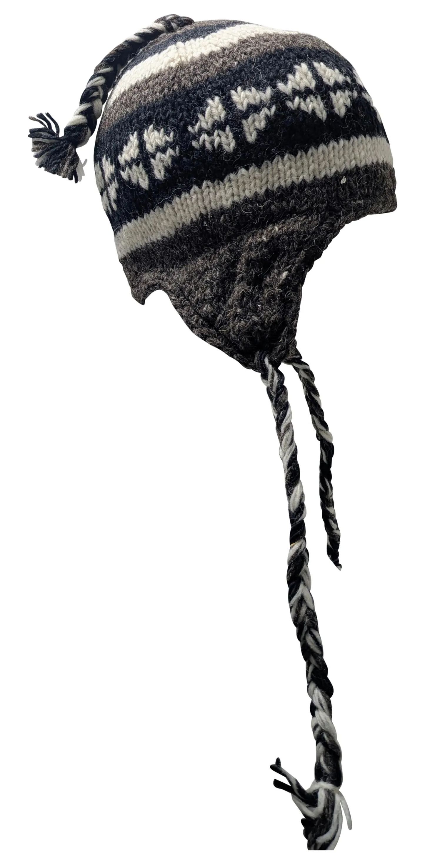 Hand Knit Wool Winter Hat: Fleece Lined, Boho Tassel - P195
