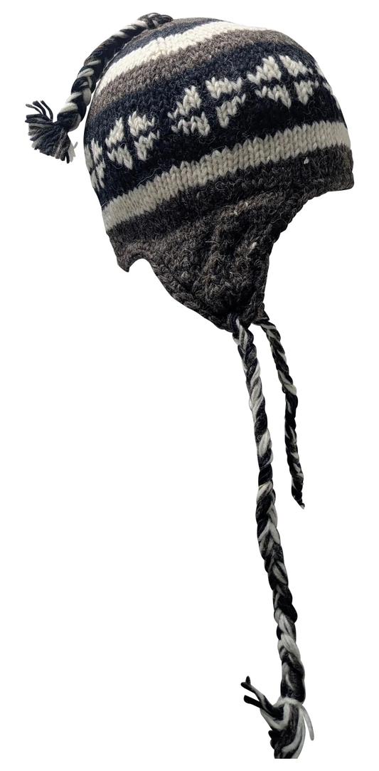 Hand Knit Wool Winter Hat: Fleece Lined, Boho Tassel - P195