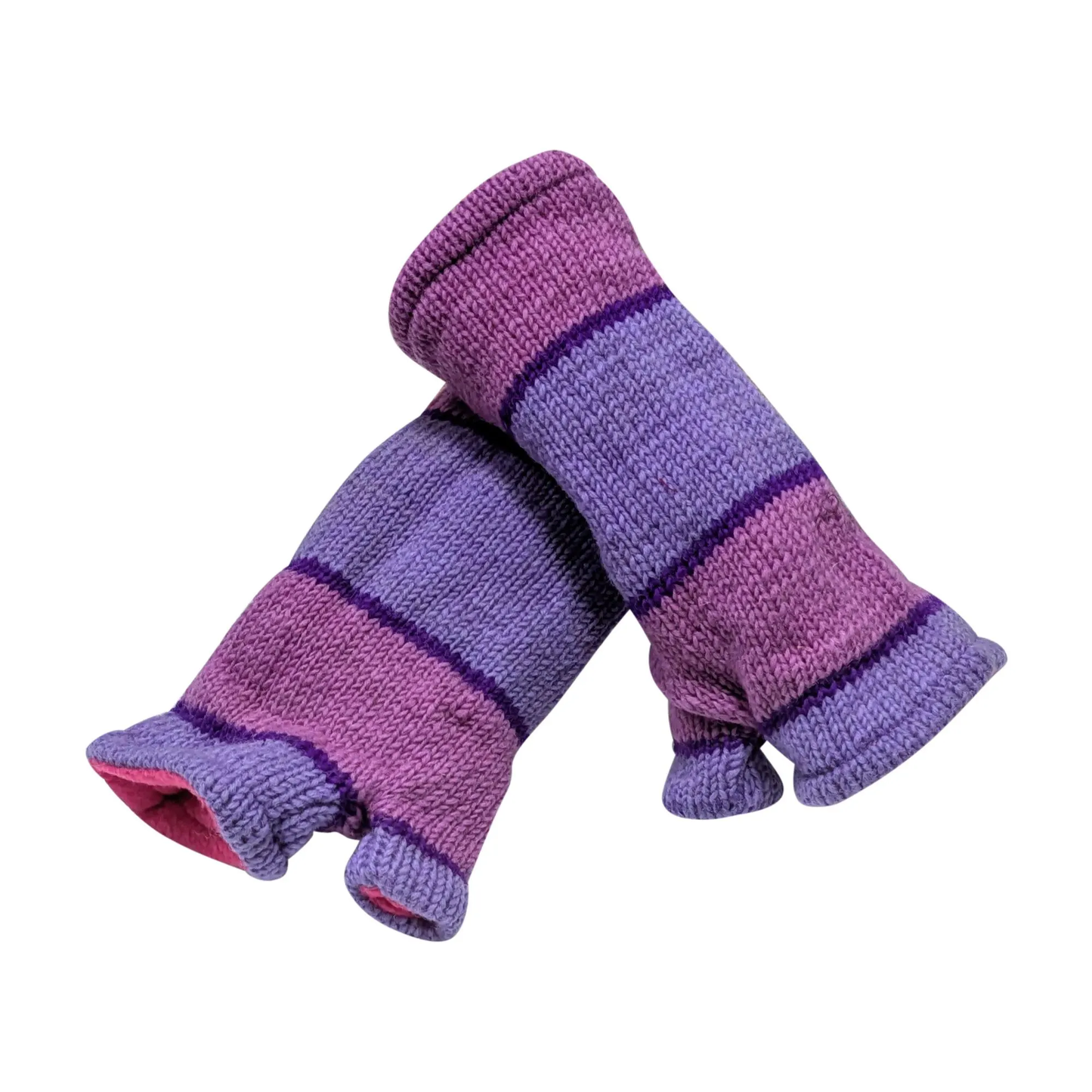 Handmade Knit Handwarmers 100% Wool Winter Striped Fingerless Fleece Lined Gloves One Size P62