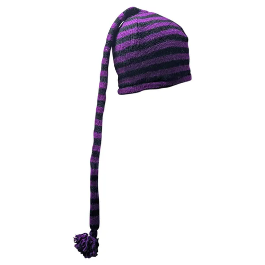 Handmade Wool Knit Beanie: Striped Boho Tassel Winter Cap P3